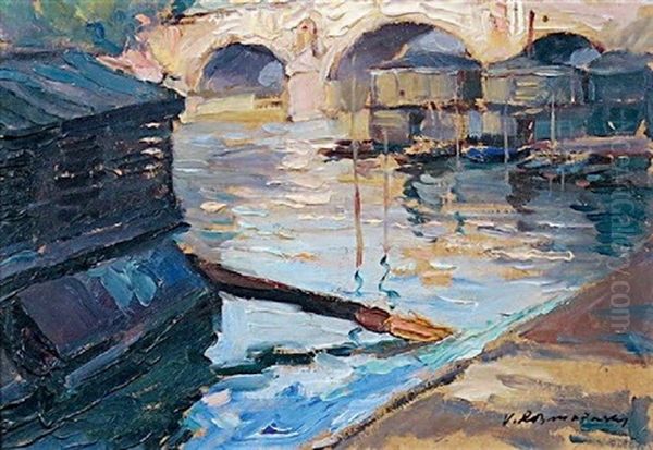 Les Bateaux Lavoirs Sur La Seine Oil Painting by Vladimir Rozmainsky