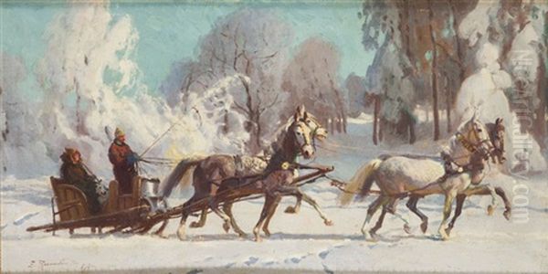 Winter Landscape - Sleigh Party Oil Painting by Zygmunt Rozwadowski