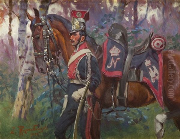 Uhlan With Horse Oil Painting by Zygmunt Rozwadowski