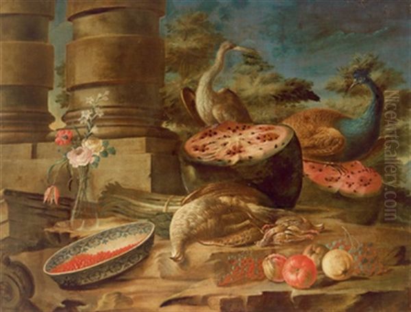 Stillleben Mit Vogeln Und Fruchten In Einem Garten, Natura Morta Di Frutta E Uccelli In Un Giardino Oil Painting by Felice Rubbiani