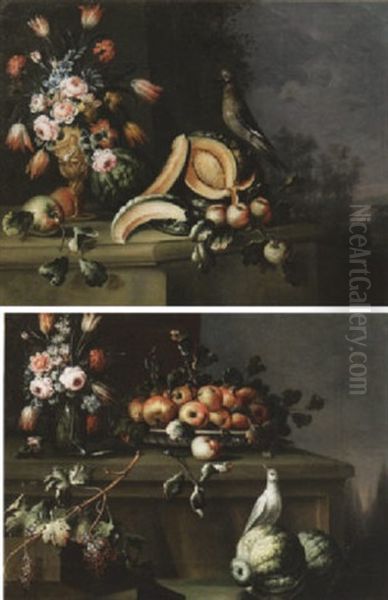 Vaso Di Fiori, Meloni, Frutta E Uccello Oil Painting by Felice Rubbiani