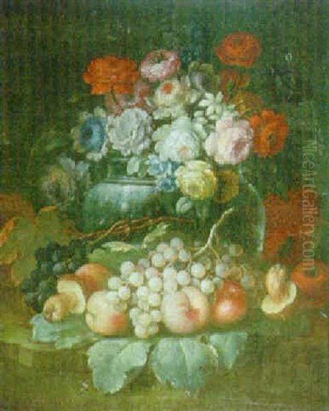 A Still Life Of Fruit, Mushrooms And Flowers In A Vase by Felice Rubbiani