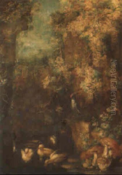 Woodland Clearing With Ducklings And A Woodpecker Beside A Pool Oil Painting by Felice Rubbiani