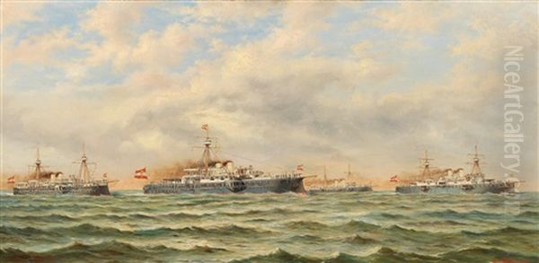 Royal And Imperial Summer Squadron Travelling To Great Britain, Denmark And Germany In The North Sea, 1890 - The Ships Crown Princess Stephanie, Crown Prince Rudolf, Tiger And Emperor Franz Joseph I by Ludwig Rubelli Von Sturmfest