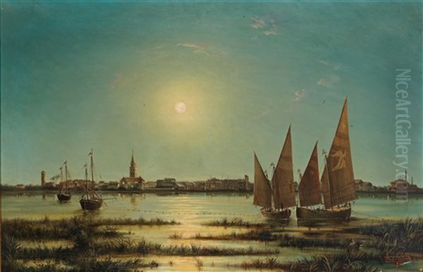 View Of Grado In The Moonlight Oil Painting by Ludwig Rubelli Von Sturmfest