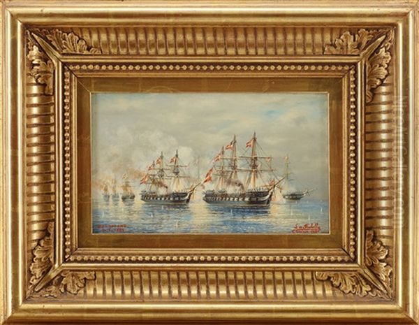 Sjoslagen Helgoland Och Lissa - Ett Par Oil Painting by Ludwig Rubelli Von Sturmfest