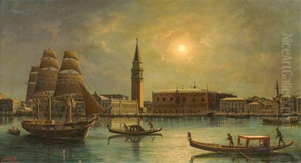 Venedig Bei Mondschein Mit Blick Auf Den Dogenpalast Oil Painting by Ludwig Rubelli Von Sturmfest