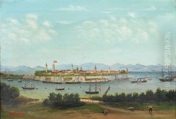 Der Hafen Von Ragusa Mit Osterreichischer Flotte Oil Painting by Ludwig Rubelli Von Sturmfest