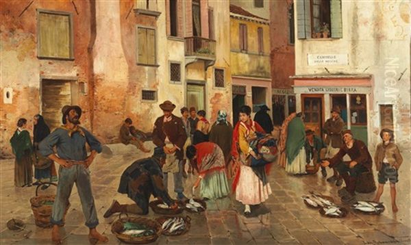 Fish Market In Venice Oil Painting by Franz Leo Ruben