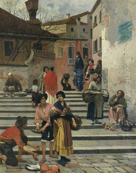 Venetian Sellers Oil Painting by Franz Leo Ruben