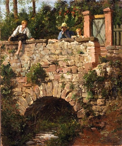 Kinder Auf Der Brucke Oil Painting by Franz Leo Ruben