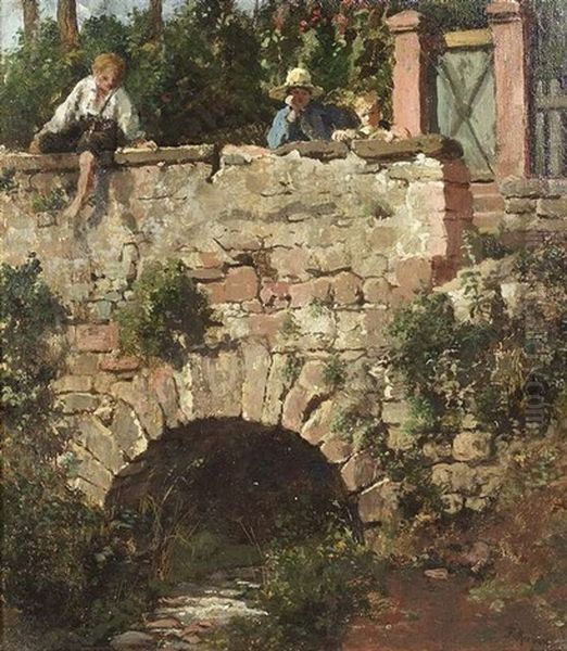 Drei Kinder Vertreiben Sich Die Zeit An Einer Steinbrucke Oil Painting by Franz Leo Ruben