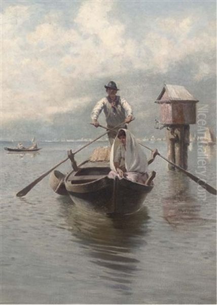 A Ferry On The Venetian Lagoon Oil Painting by Franz Leo Ruben