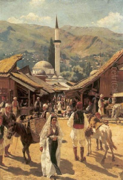 Bazar In Einem Bosnischen Dorf Oil Painting by Franz Leo Ruben