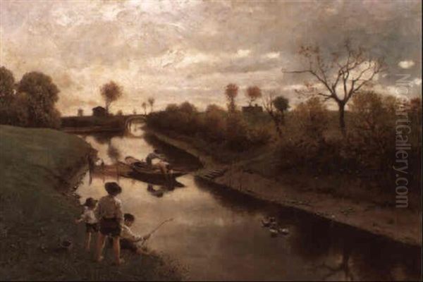 Fischfang Am Kanal Oil Painting by Franz Leo Ruben