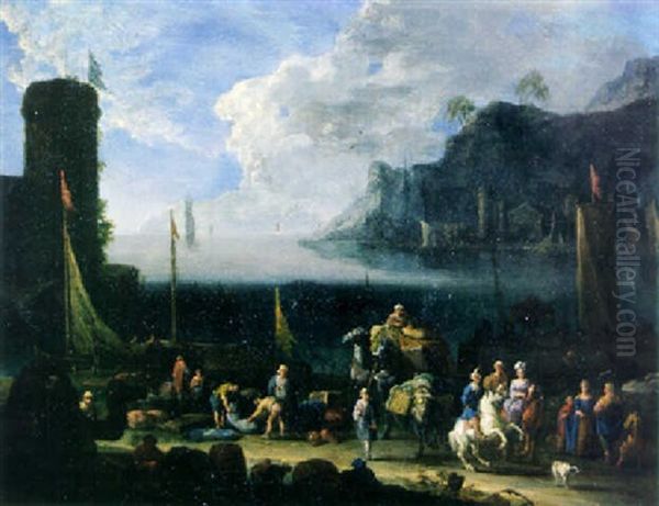 A Mediterranean Harbour With Merchants Unloading Cargo And Elegant Travellers On A Quay, At Sunset Oil Painting by Arnold Frans (Francesco) Rubens