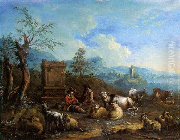 Shepherds Resting Near A Classical Tomb In An Italianate Coastal Landscape Oil Painting by Arnold Frans (Francesco) Rubens