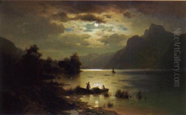 Der Mondsee Mit Der Drachenwand (?) Bei Mondschein Oil Painting by Auguste Rubin