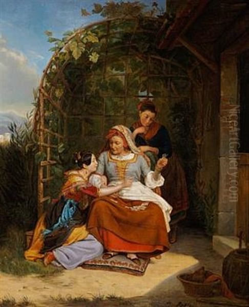 Two Young Italian Girls And A Fortune Teller Oil Painting by Luigi Rubio