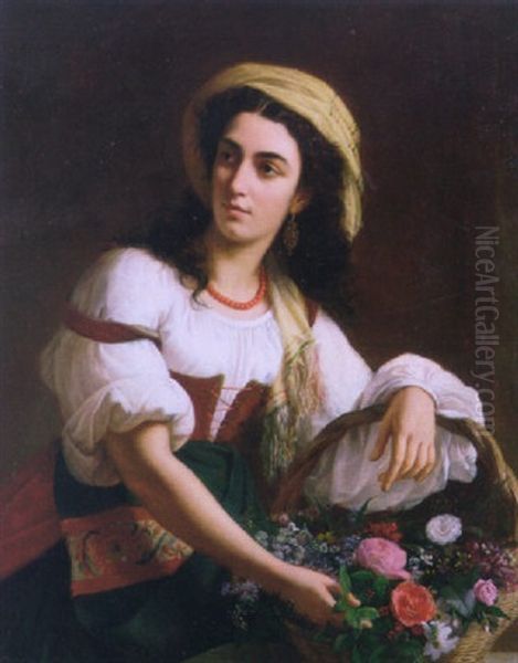 An Italian Beauty Holding A Basket Of Flowers Oil Painting by Luigi Rubio