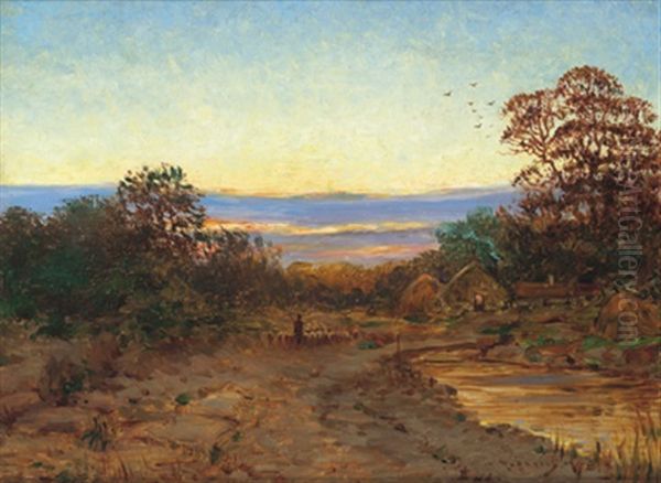 Schafer In Abendlicher Landschaft Oil Painting by Mark Rubovics