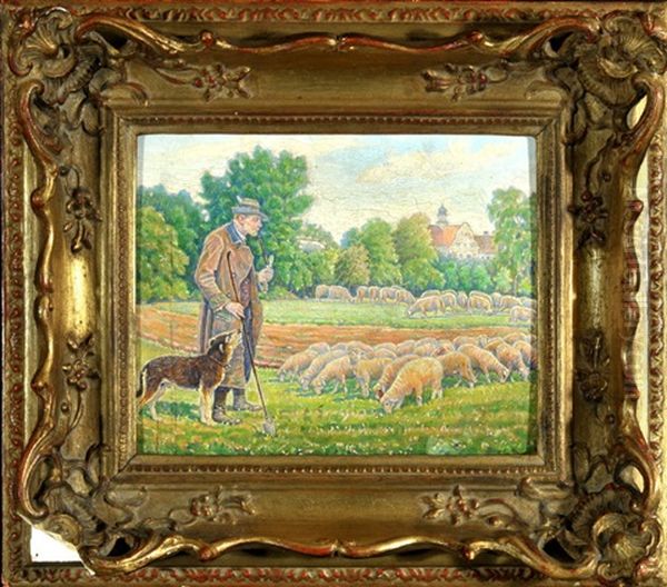 Hirte Mit Weidender Schafherde Oil Painting by Eugen Ruckteschell