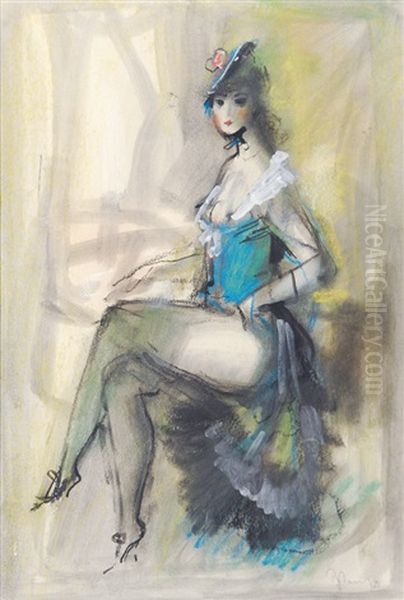 Revue Girl In A Blue Corsage Oil Painting by Konstantin Ivanovich Rudakov