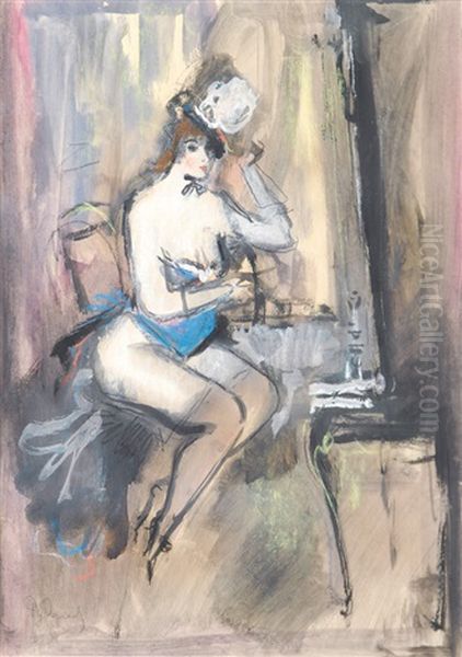 Revue Girl In A Blue Corsage In Front Of A Dressing Table Oil Painting by Konstantin Ivanovich Rudakov