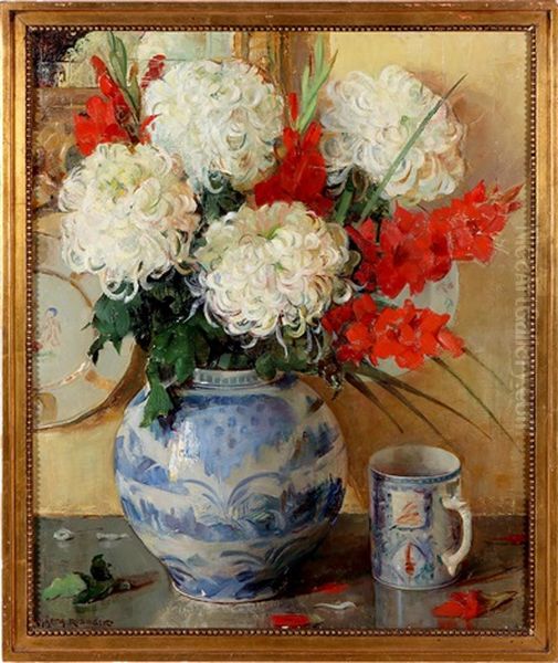 Stilleben Med Krysantemum I Vas Oil Painting by Marta Rudbeck