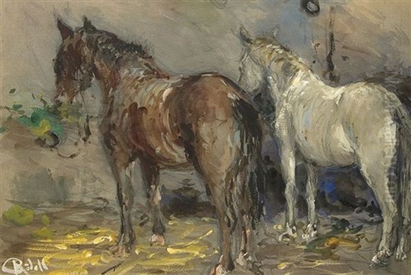 Zwei Pferde Im Stall Oil Painting by Carl Ruedell