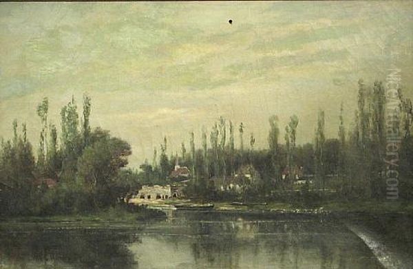 A River Landscape With Poplars Along The River Bank Oil Painting by Peter Edward Rudell