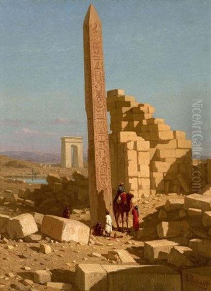 L'obelisque De Thoutmosis 1er A Karnak Oil Painting by Claude-Charles Rudhardt