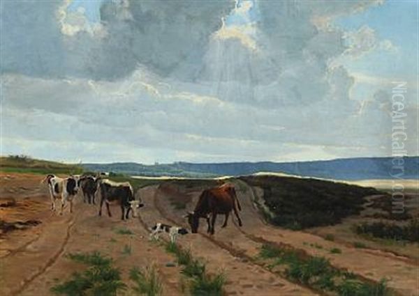 Landscape With Grazing Cows And Dog Oil Painting by Albert Ruedinger