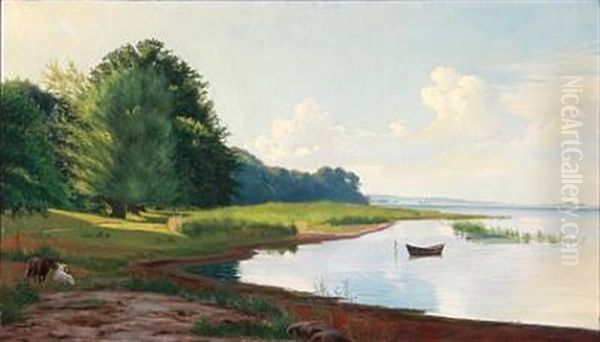 Summer Idyll At A Bay With Grazing Sheep Oil Painting by Albert Ruedinger