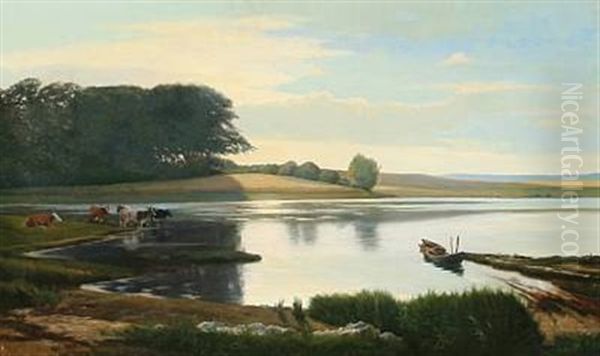 Summer Idyll With Cows At A Fiord Oil Painting by Albert Ruedinger