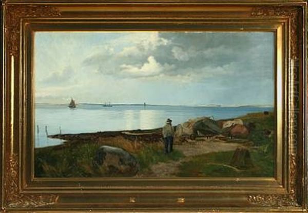 Costal Scenery With Fisherman And Sailing Ships Oil Painting by Albert Ruedinger