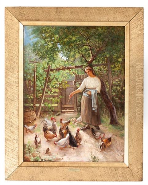 Woman Feeding Chickens Oil Painting by Margaret Rudisill