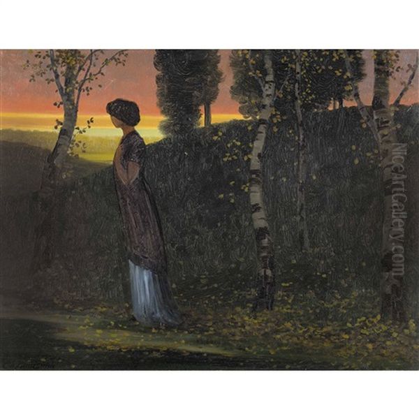 Landschaft Mit Einer Dame Im Abendrot Oil Painting by Eduard Ruedisuehli