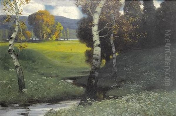 Herbstlandschaft Mit Birken An Einem Bach Oil Painting by Eduard Ruedisuehli