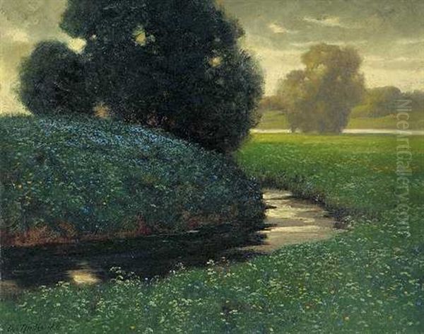 Bluhende Wiese Mit Bachlauf Oil Painting by Eduard Ruedisuehli