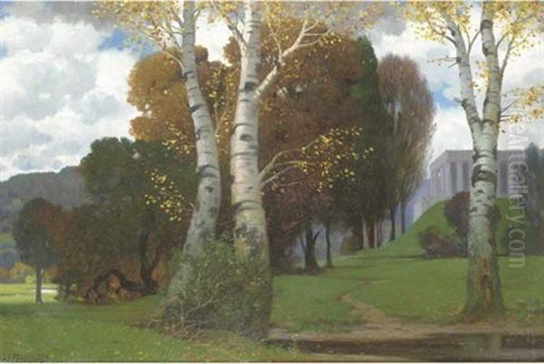 Park With Birches And A Temple Building Oil Painting by Eduard Ruedisuehli