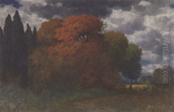 Baume Mit Herbstfarbung Im Hintergrund Zypressen Oil Painting by Eduard Ruedisuehli