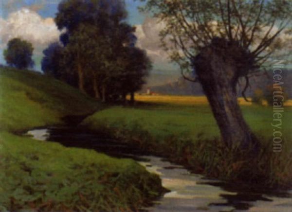 Feldlandschaft Mit Einem Bach An Einem Nachmittag Oil Painting by Eduard Ruedisuehli