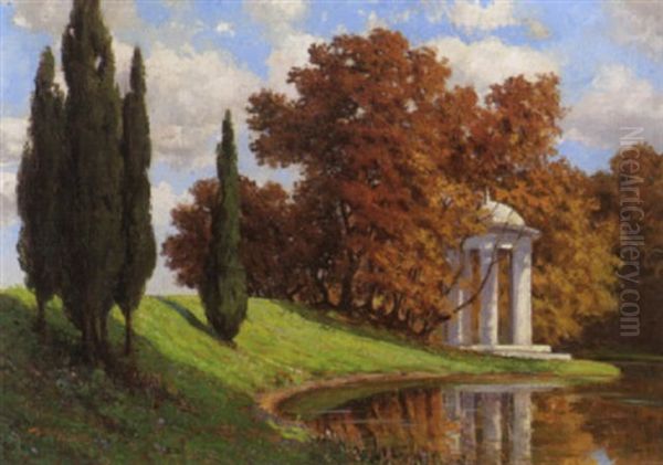 Landschaft Mit Kleinem Tempel Am Teich Oil Painting by Eduard Ruedisuehli