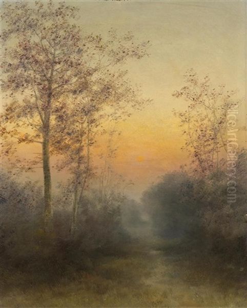 Olstudie: Sonnenuntergang In Einer Waldlichtung Oil Painting by Jakob Lorenz Ruedisuehli