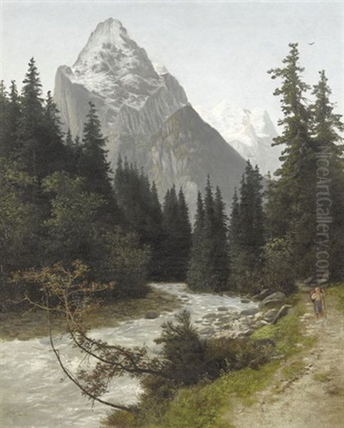 Knabe Am Reissenden Bach Vor Well- Und Wetterhorn Oil Painting by Jakob Lorenz Ruedisuehli