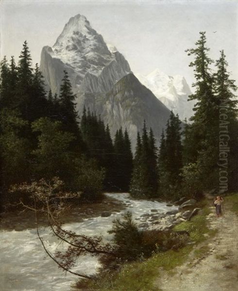 Wandernder Knabe An Einem Bach Im Gebirge Oil Painting by Jakob Lorenz Ruedisuehli