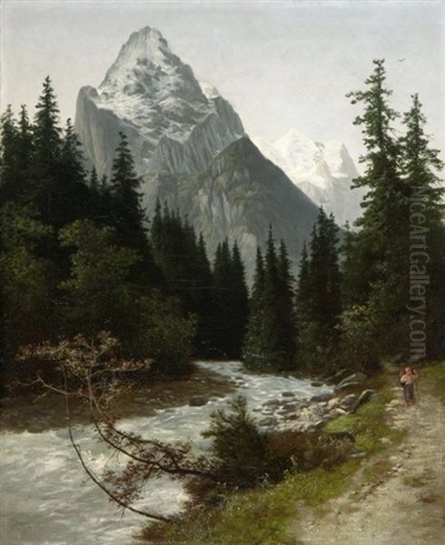 Wandernder Knabe An Einem Bach Im Gebirge Oil Painting by Jakob Lorenz Ruedisuehli