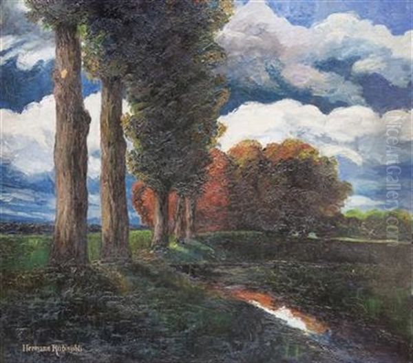 Abendstimmung In Der Au Oil Painting by Traugott Hermann Ruedisuehli