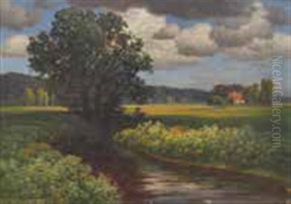 Sommerliche Wiesenlandschaft Mit Bachlauf Oil Painting by Traugott Hermann Ruedisuehli